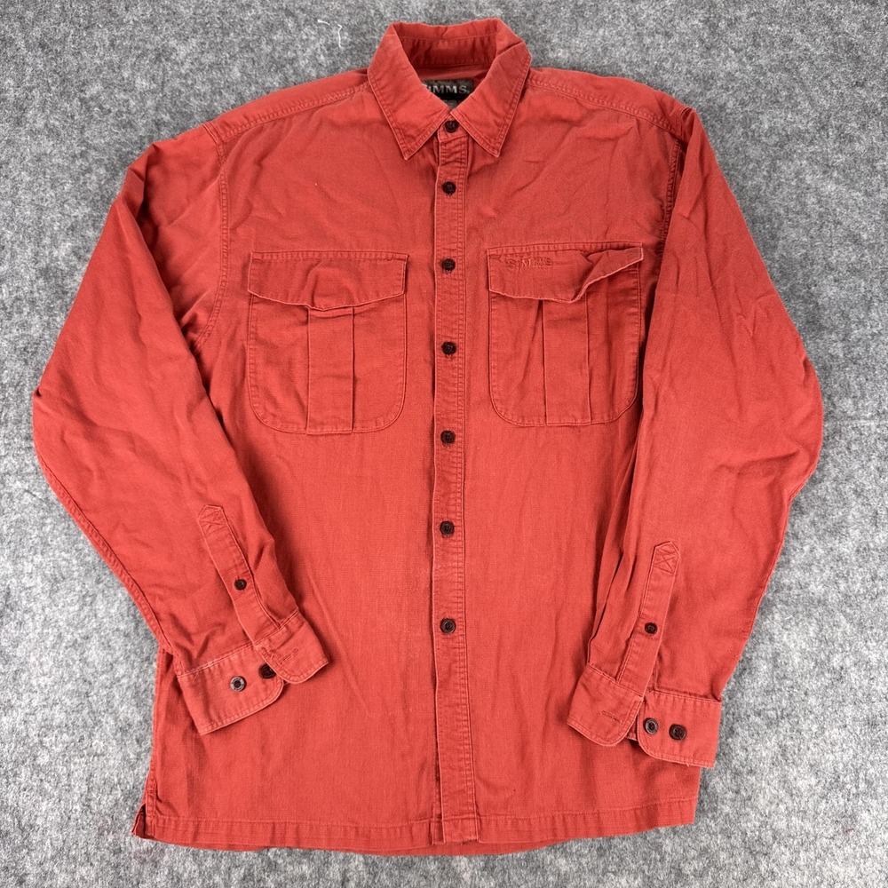 Simms Shirt Mens Medium Red Long Sleeve Two Pocket Button Up Outdoor Fishing